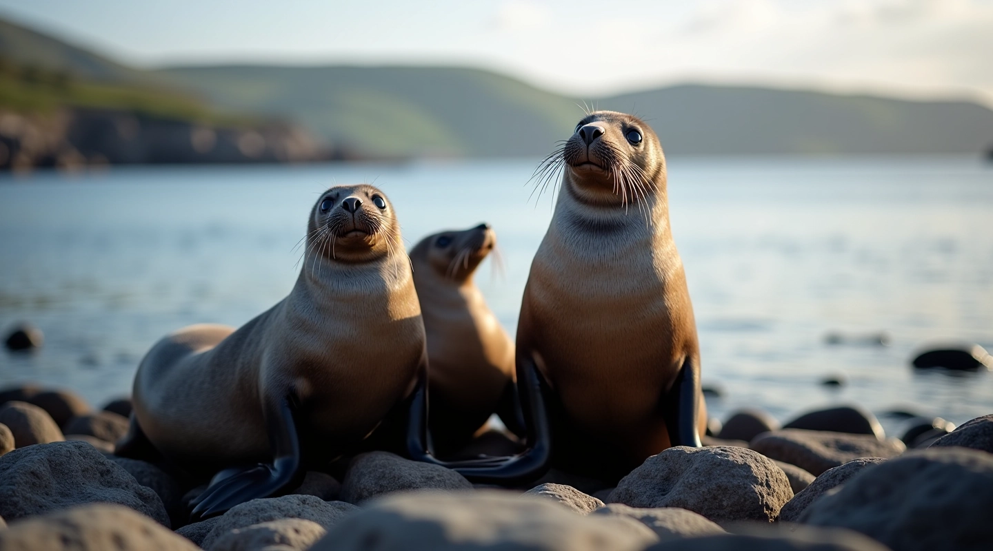 Harbor seals resting and lounging on rocky shoreline, some in water, natural behavior captured