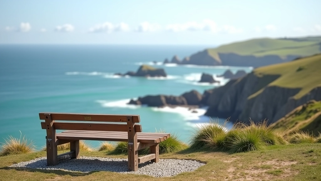 Wooden viewing benches positioned on coastal cliffs overlooking the bay, accessible seating areas